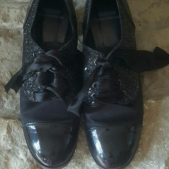 Black Mochino Patent Leather Satin  Pave Bow Shoes - Picture 2 of 8